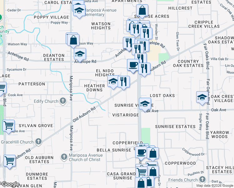 map of restaurants, bars, coffee shops, grocery stores, and more near 7828 Old Auburn Road in Citrus Heights