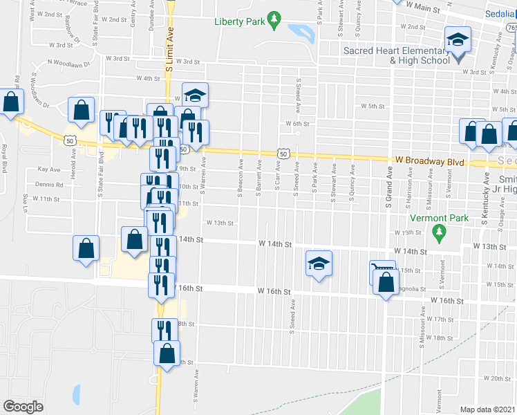 map of restaurants, bars, coffee shops, grocery stores, and more near 1101 South Barrett Avenue in Sedalia
