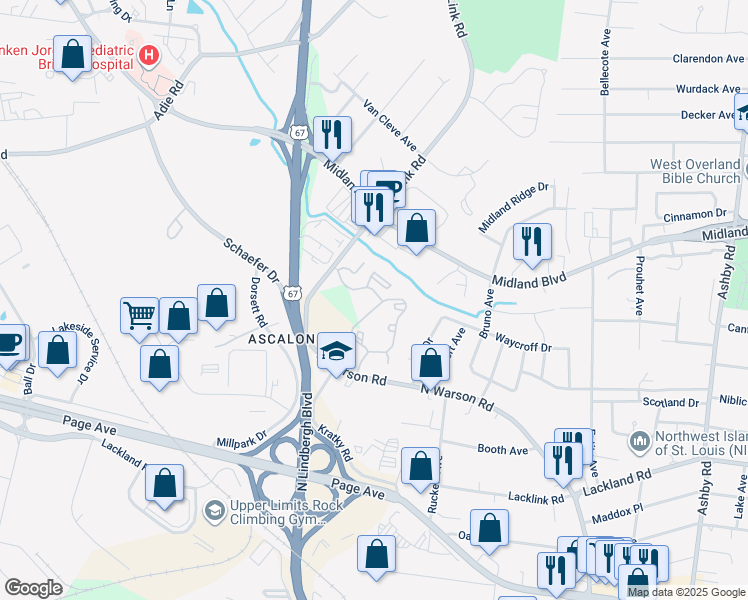 map of restaurants, bars, coffee shops, grocery stores, and more near 11008 Clear Skies Drive in St. Louis