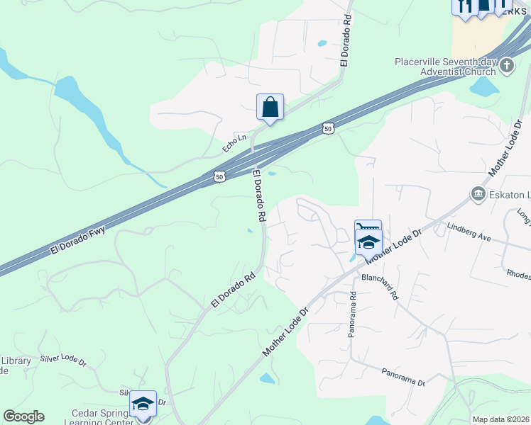 map of restaurants, bars, coffee shops, grocery stores, and more near 4070-4102 El Dorado Road in Placerville