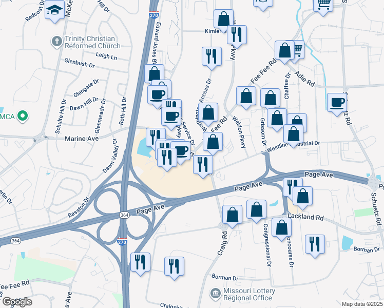map of restaurants, bars, coffee shops, grocery stores, and more near 50 West Port Plaza Drive in Maryland Heights