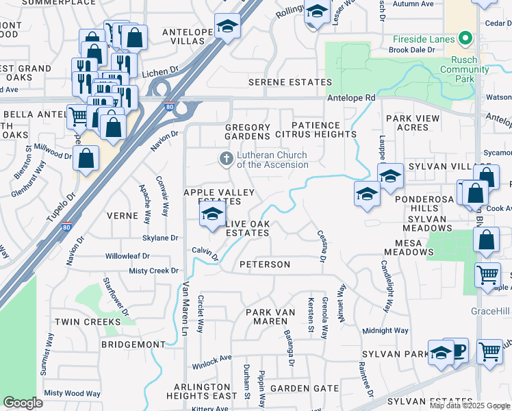 map of restaurants, bars, coffee shops, grocery stores, and more near 6985 Henning Drive in Citrus Heights