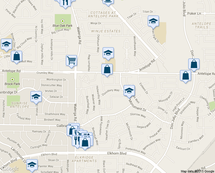 map of restaurants, bars, coffee shops, grocery stores, and more near 4520 Dunnbury Way in Sacramento