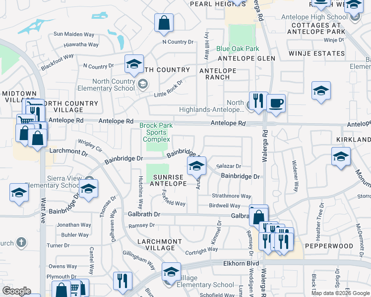 map of restaurants, bars, coffee shops, grocery stores, and more near 3900 Bainbridge Drive in North Highlands