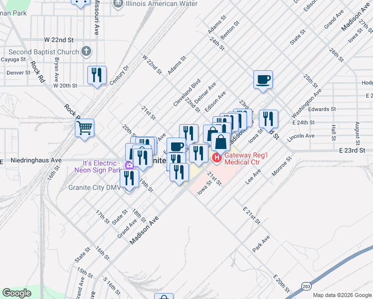 map of restaurants, bars, coffee shops, grocery stores, and more near 1410 Niedringhaus Avenue in Granite City