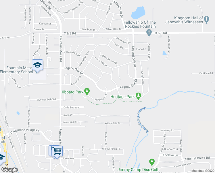 map of restaurants, bars, coffee shops, grocery stores, and more near 985 Ridgebury Place in Fountain