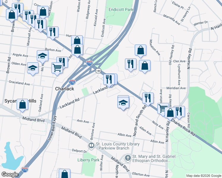 map of restaurants, bars, coffee shops, grocery stores, and more near 8448 Plazarock Court in St. Louis