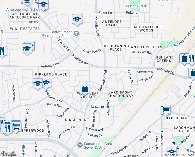 map of restaurants, bars, coffee shops, grocery stores, and more near 5030 Antelope Road in Antelope