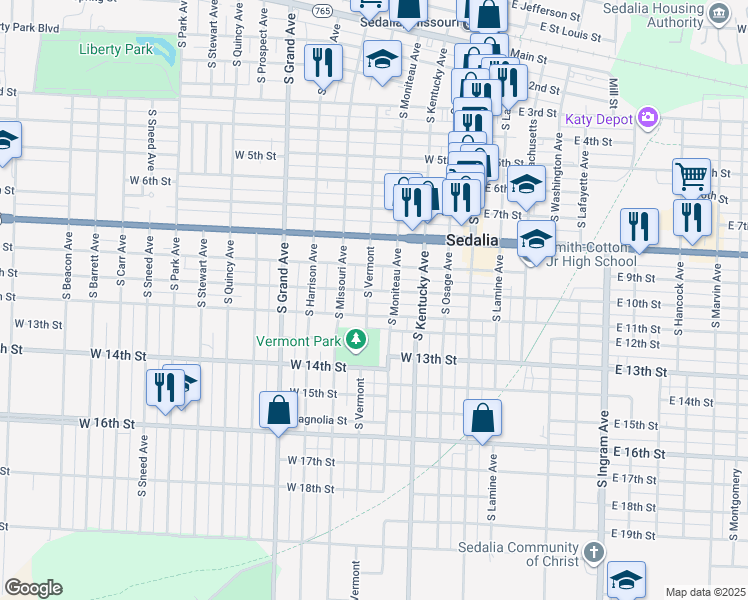 map of restaurants, bars, coffee shops, grocery stores, and more near 909 South Vermont in Sedalia