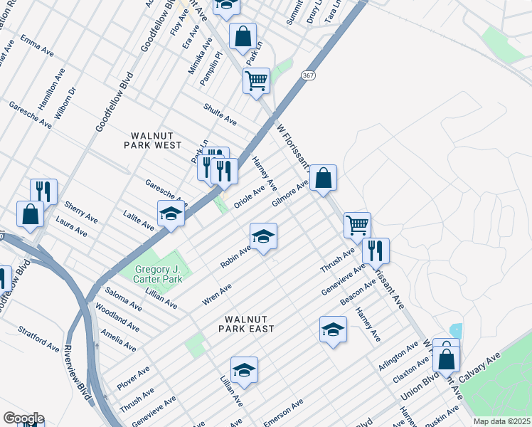 map of restaurants, bars, coffee shops, grocery stores, and more near 5446 Gilmore Avenue in St. Louis