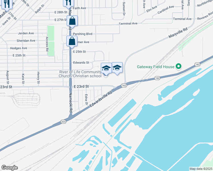 map of restaurants, bars, coffee shops, grocery stores, and more near 3201 East 23rd Street in Granite City