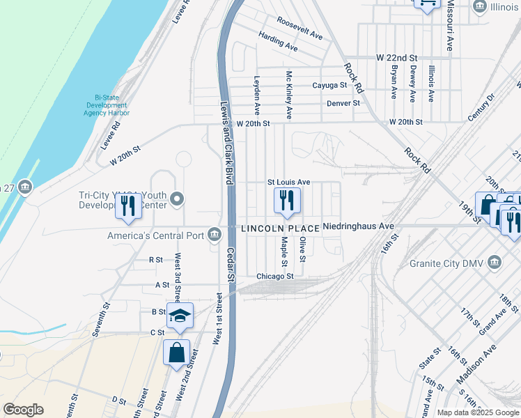 map of restaurants, bars, coffee shops, grocery stores, and more near 1738 Poplar Street in Granite City