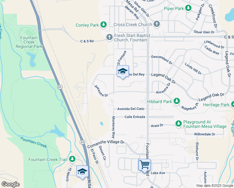map of restaurants, bars, coffee shops, grocery stores, and more near 6843 Ancestra Drive in Fountain