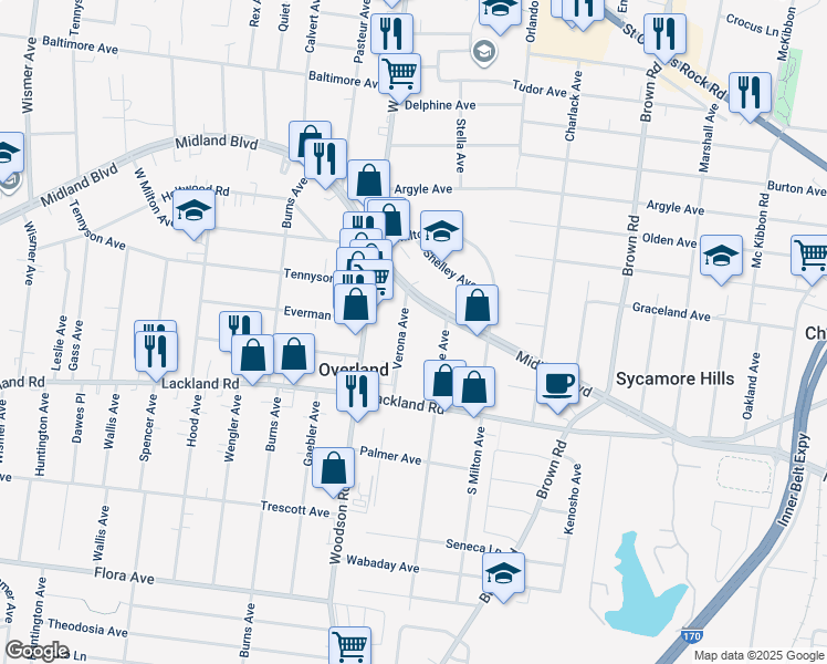 map of restaurants, bars, coffee shops, grocery stores, and more near 9216 Midland Boulevard in Overland