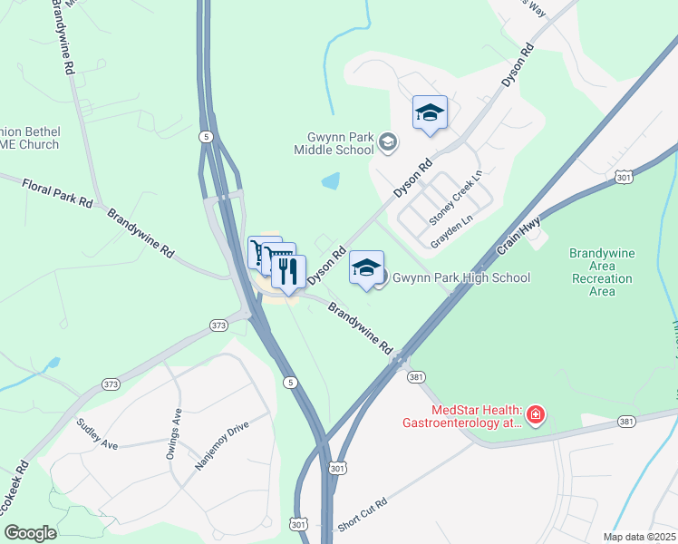 map of restaurants, bars, coffee shops, grocery stores, and more near 13 Dyson Road in Brandywine