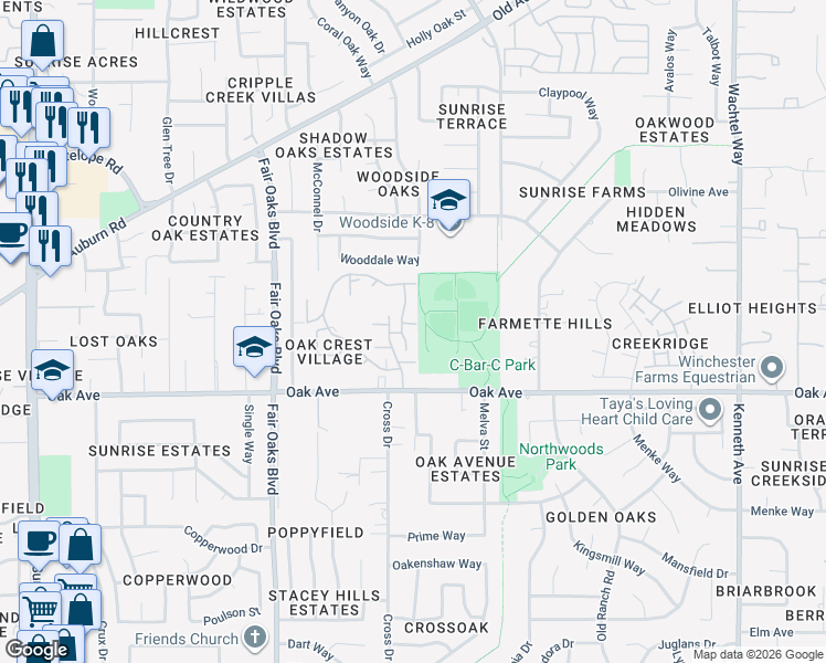 map of restaurants, bars, coffee shops, grocery stores, and more near 7522 Quail Vista Lane in Citrus Heights