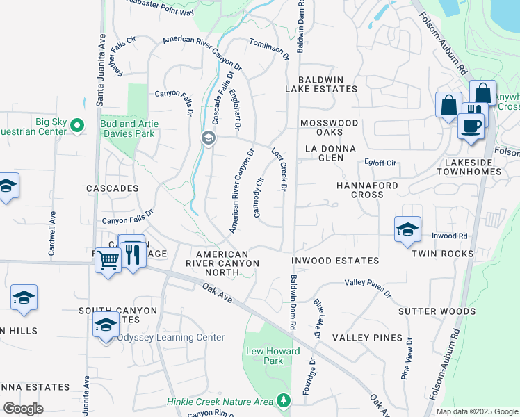 map of restaurants, bars, coffee shops, grocery stores, and more near 104 Calwell Court in Folsom
