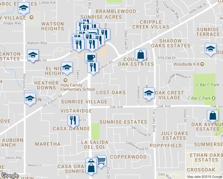 map of restaurants, bars, coffee shops, grocery stores, and more near 7437 Fox Hills Drive in Citrus Heights
