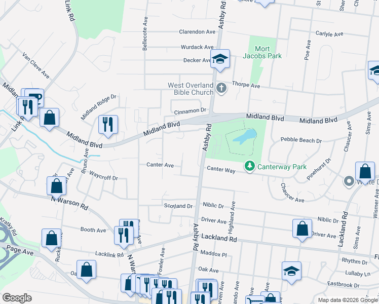 map of restaurants, bars, coffee shops, grocery stores, and more near 10553 Silkwood Court in St. Louis