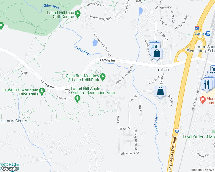 map of restaurants, bars, coffee shops, grocery stores, and more near 8450 Kiby Lionsdale Drive in Lorton
