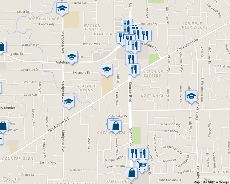 map of restaurants, bars, coffee shops, grocery stores, and more near 7856 Old Auburn Road in Citrus Heights