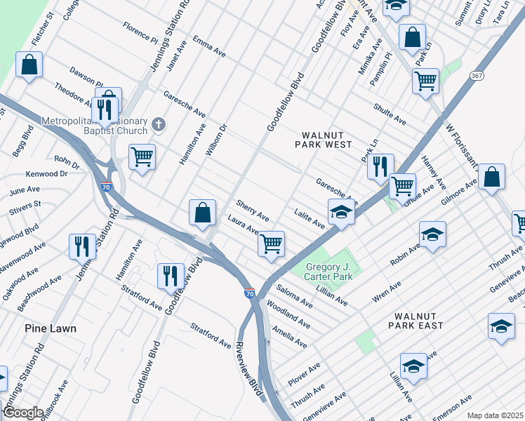 map of restaurants, bars, coffee shops, grocery stores, and more near 6156 Lalite Avenue in St. Louis