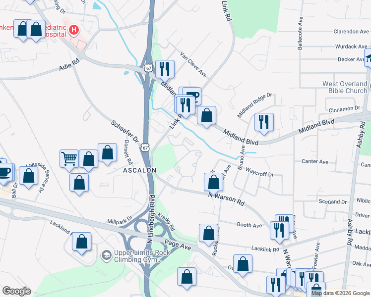 map of restaurants, bars, coffee shops, grocery stores, and more near 2405 Half Moon Drive in St. Louis