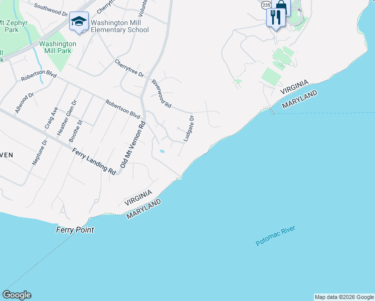 map of restaurants, bars, coffee shops, grocery stores, and more near 9403 Ludgate Drive in Alexandria