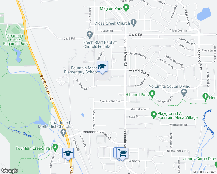 map of restaurants, bars, coffee shops, grocery stores, and more near 6955 Ancestra Drive in Fountain
