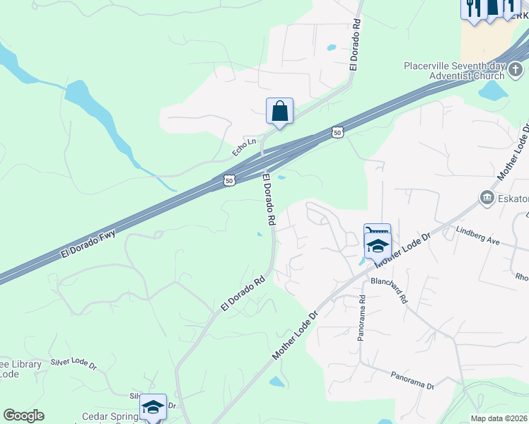 map of restaurants, bars, coffee shops, grocery stores, and more near 4070 El Dorado Road in Placerville