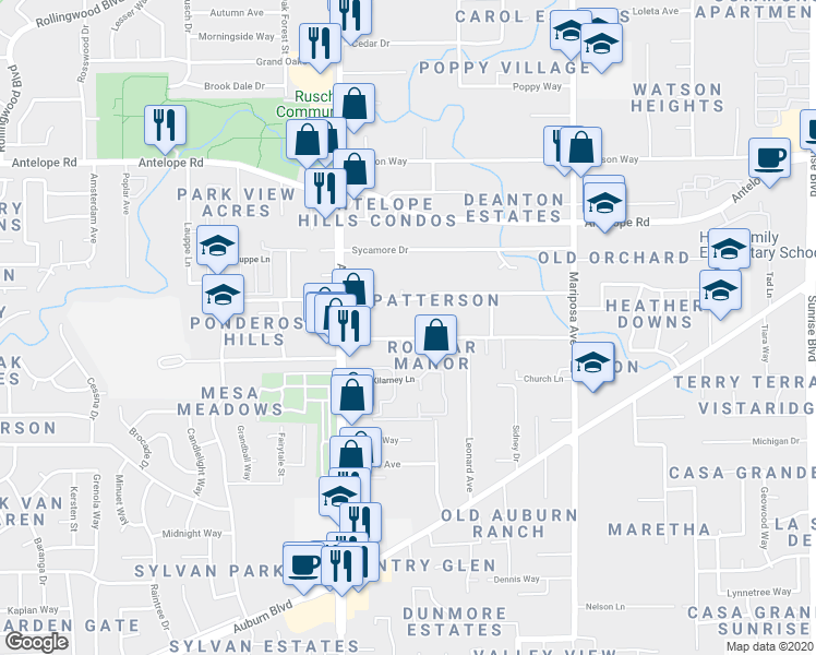 map of restaurants, bars, coffee shops, grocery stores, and more near 7572 Pratt Avenue in Citrus Heights