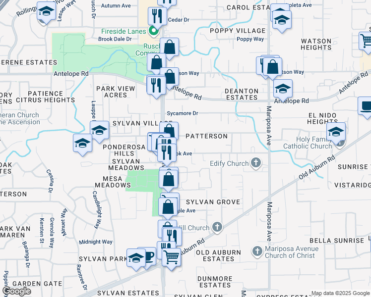 map of restaurants, bars, coffee shops, grocery stores, and more near 7542 Pratt Avenue in Citrus Heights