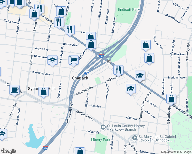 map of restaurants, bars, coffee shops, grocery stores, and more near 2646 San Rafael Place in St. Louis