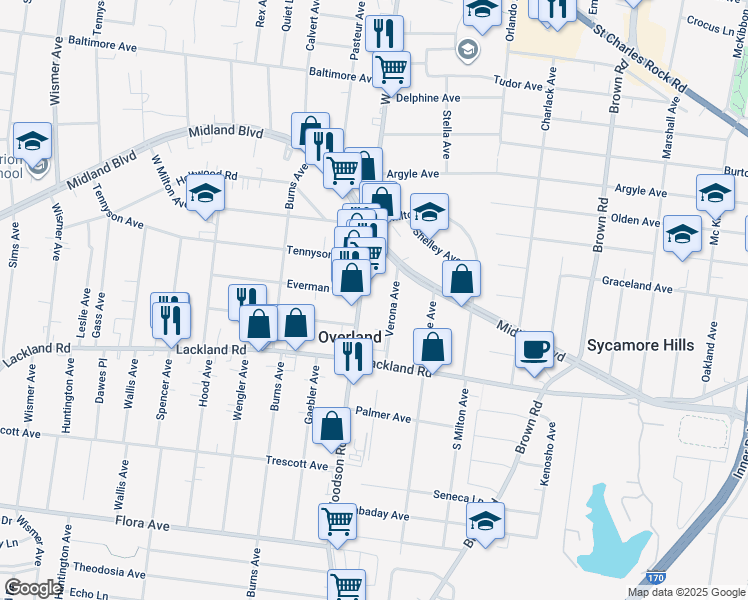 map of restaurants, bars, coffee shops, grocery stores, and more near 2510 Woodson Road in Overland