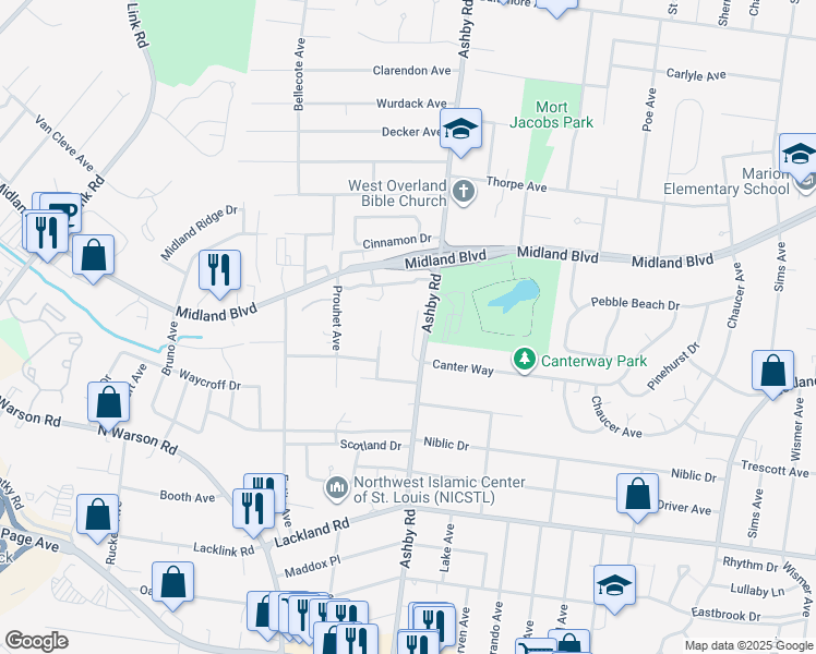 map of restaurants, bars, coffee shops, grocery stores, and more near 10553 Silkwood Court in St. Louis