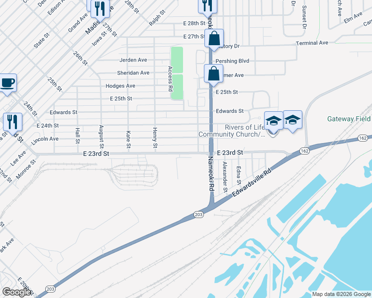 map of restaurants, bars, coffee shops, grocery stores, and more near 2658 Lincoln Avenue in Granite City