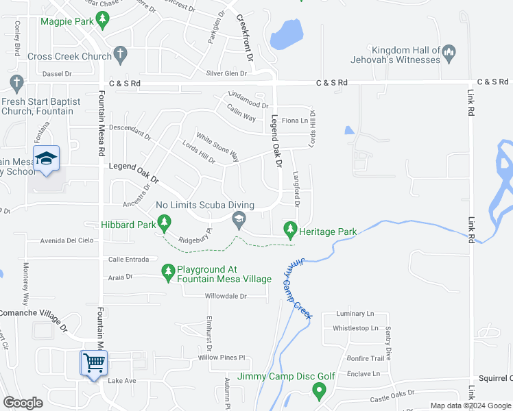 map of restaurants, bars, coffee shops, grocery stores, and more near 1160 Legend Oak Drive in Fountain