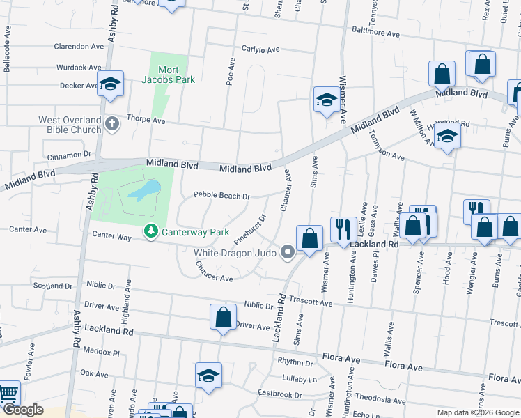 map of restaurants, bars, coffee shops, grocery stores, and more near 2448 Pinehurst Drive in Overland