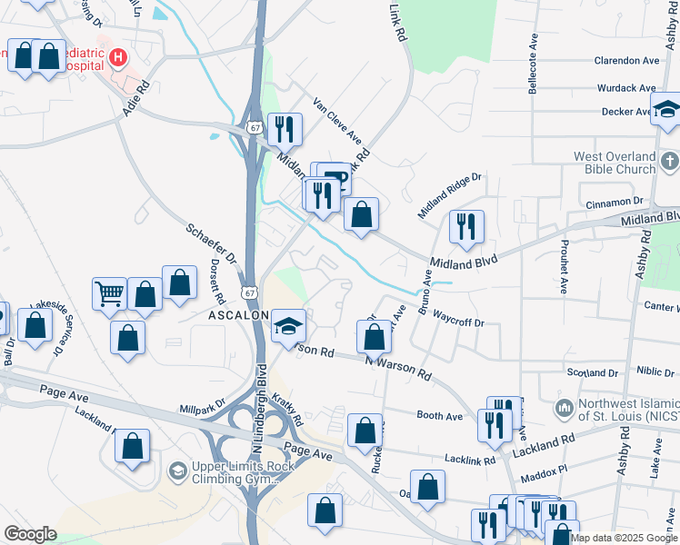 map of restaurants, bars, coffee shops, grocery stores, and more near 2405 Half Moon Drive in St. Louis
