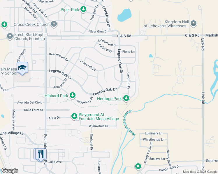 map of restaurants, bars, coffee shops, grocery stores, and more near 1140 Legend Oak Drive in Fountain