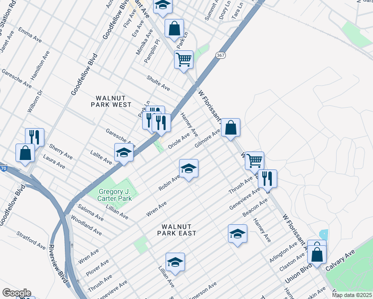 map of restaurants, bars, coffee shops, grocery stores, and more near 5441 Gilmore Avenue in St. Louis