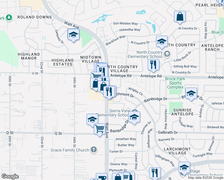 map of restaurants, bars, coffee shops, grocery stores, and more near 7525 Mountain Oak Way in North Highlands