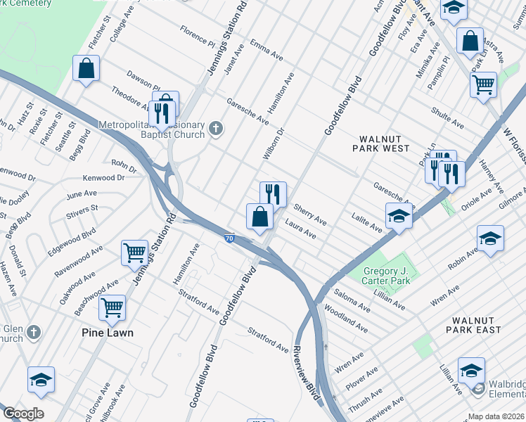 map of restaurants, bars, coffee shops, grocery stores, and more near 6337 Laura Avenue in St. Louis
