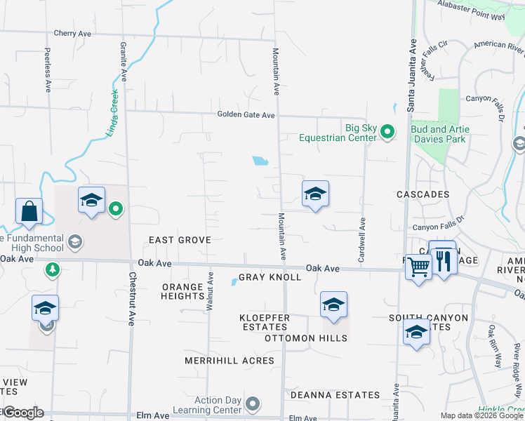 map of restaurants, bars, coffee shops, grocery stores, and more near 7551 Mountain Avenue in Orangevale