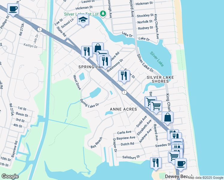 map of restaurants, bars, coffee shops, grocery stores, and more near 20842 East Drive in Dewey Beach
