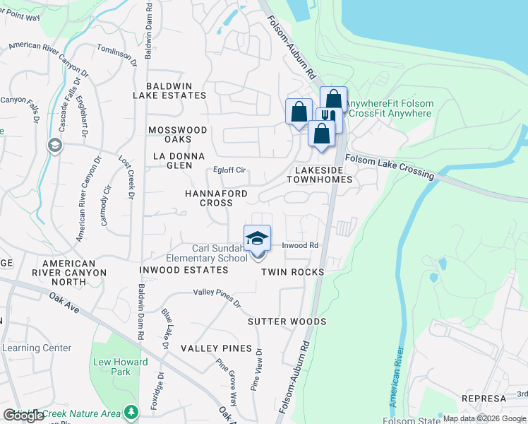 map of restaurants, bars, coffee shops, grocery stores, and more near 230 Bluebird Lane in Folsom