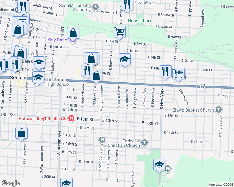 map of restaurants, bars, coffee shops, grocery stores, and more near 854-898 South Summit Avenue in Sedalia