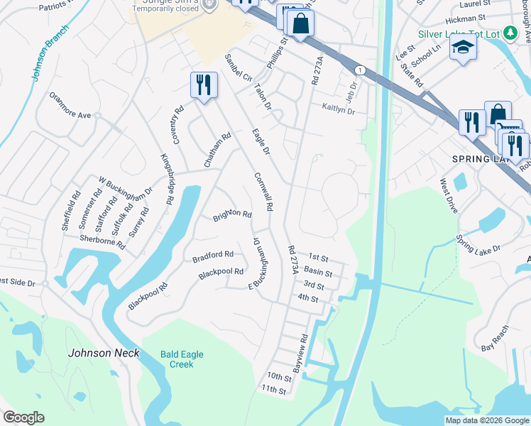 map of restaurants, bars, coffee shops, grocery stores, and more near 122 Cornwall Road in Rehoboth Beach