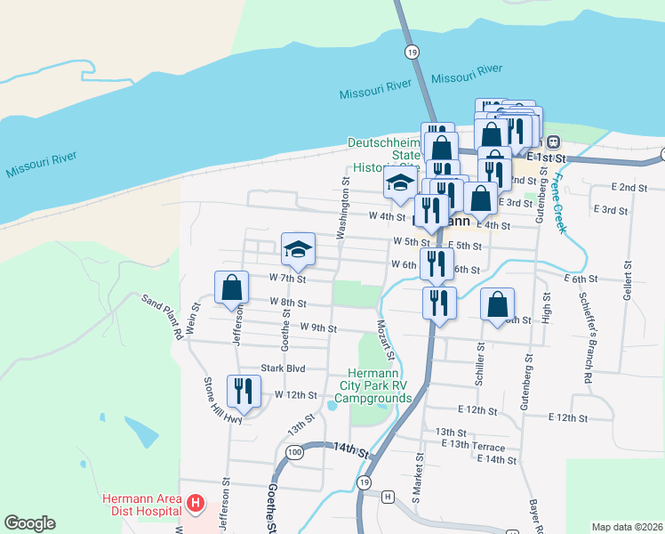 map of restaurants, bars, coffee shops, grocery stores, and more near 309 West 6th Street in Hermann