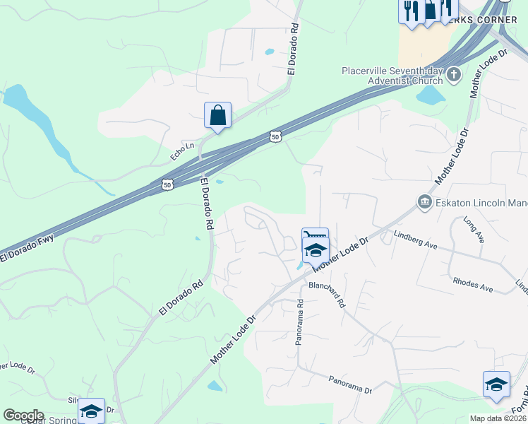 map of restaurants, bars, coffee shops, grocery stores, and more near 6387 Mother Lode Drive in Placerville
